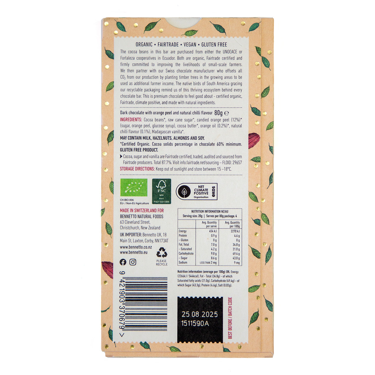 Back of Bennetto Orange with Chilli organic and vegan dark chocolate bar against a plain white background.