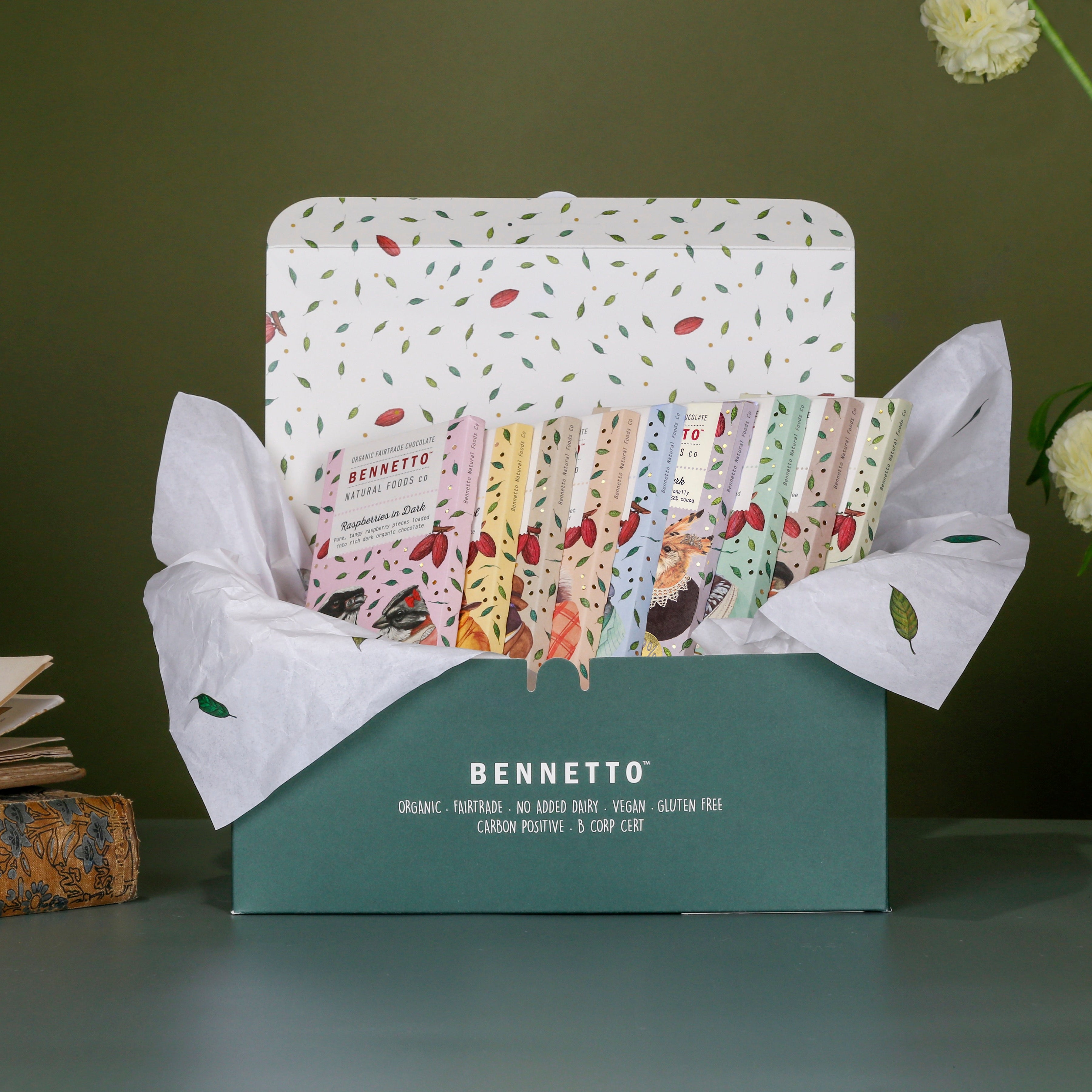 9 Bar Gift box 80g bar Bennetto Chocolate - consisting of every flavour in a dark green box with tissue paper.