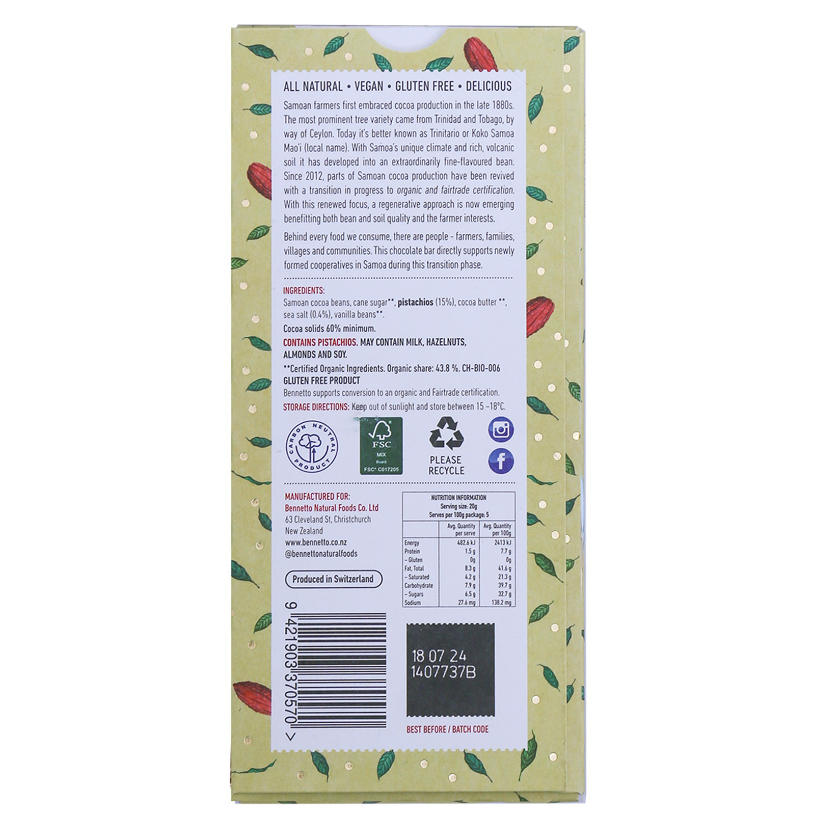 Pistachios in Dark 100g bar -  Pack of 6 bars